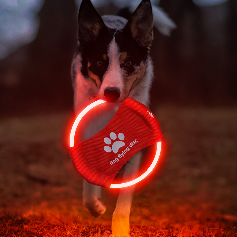 Flying Disc Dog Training Toy - จานร่อนสุนัขแบบมีไฟ LED, ของเล่นสัตว์เลี้ยงแบบมีไฟ LED, ของเล่นสัตว์เลี้ยงเรืองแสงในที่มืด, ของเล่นสัตว์เลี้ยงแบบมีไฟสำหรับฝึกการขว้างและเล่น