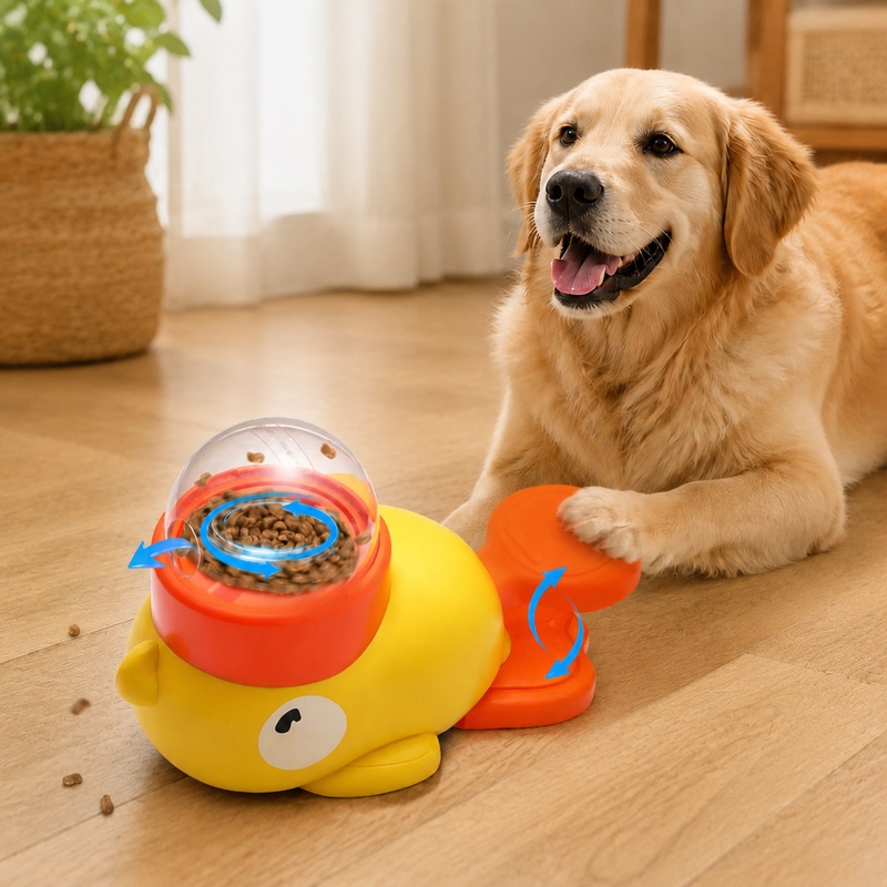 Dog Puzzle Feeder Toy - ของเล่นฝึกสัตว์เลี้ยงแบบอินเทอร์แอคทีฟรูปเป็ดการ์ตูน พร้อมระบบปล่อยขนมสุนัขแบบอัตโนมัติ