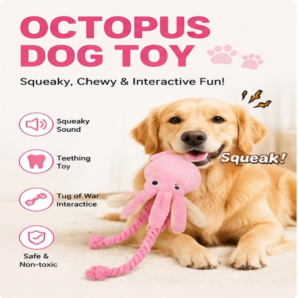 Dog Rope Toy Aggressive Chewers - ของเล่นขบเคี้ยวสำหรับสุนัขรูปปลาหมึกยักษ์ ทำจากเชือกฝ้ายที่ทนทาน ช่วยเสริมสร้างปฏิสัมพันธ์ระหว่างสัตว์เลี้ยงกับเจ้าของ ช่วยลดความเบื่อและเหมาะสำหรับสุนัขที่ชอบกัดแทะ