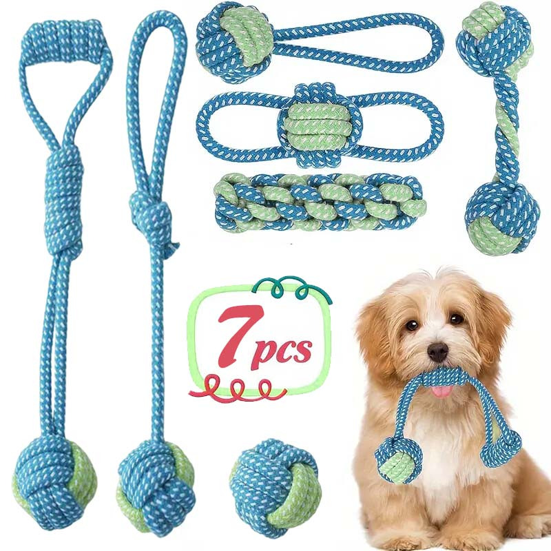 Dog Rope Toy Aggressive Chewers - ของเล่นเชือกแบบอินเทอร์แอคทีฟ 7 ชิ้น ชุดฝึกทักษะที่ทนทาน ของเล่นเชือกกัดสำหรับสุนัข ลูกสุนัขที่กำลังฟันขึ้น