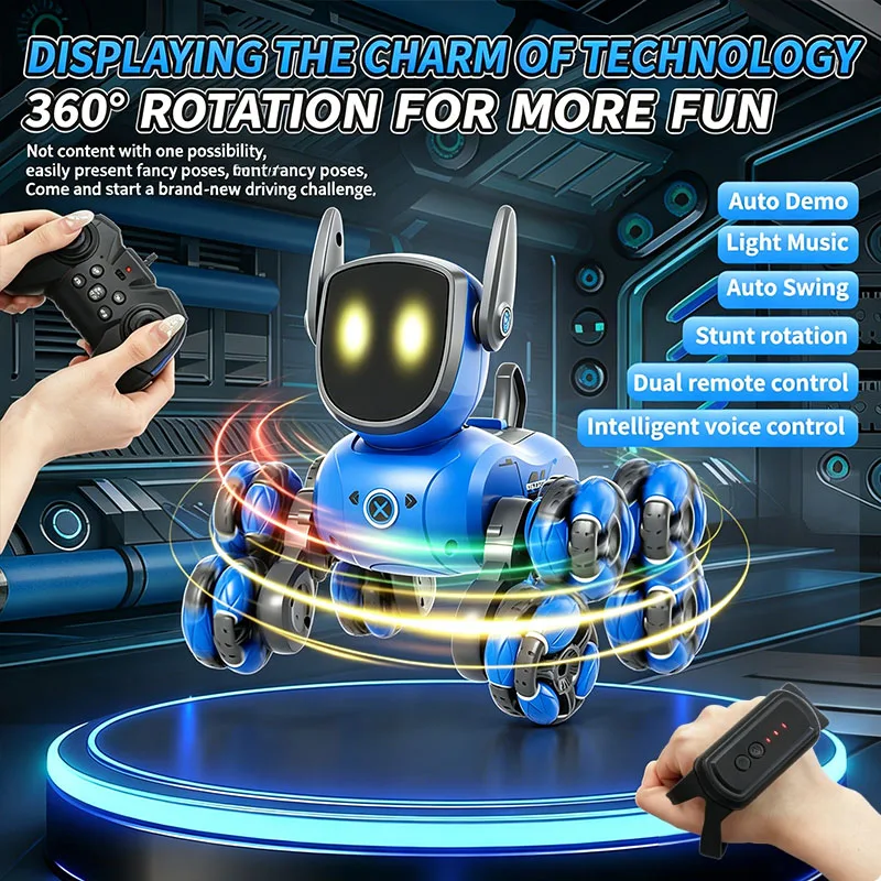 Interactive Squeaky Plush Dog Toy - หุ่นยนต์สุนัขบังคับวิทยุ JJRC Q200 2026 ของเล่นสตั๊นท์โรบอทแปดล้อ พร้อมระบบตรวจจับท่าทางและสั่งงานด้วยเสียง