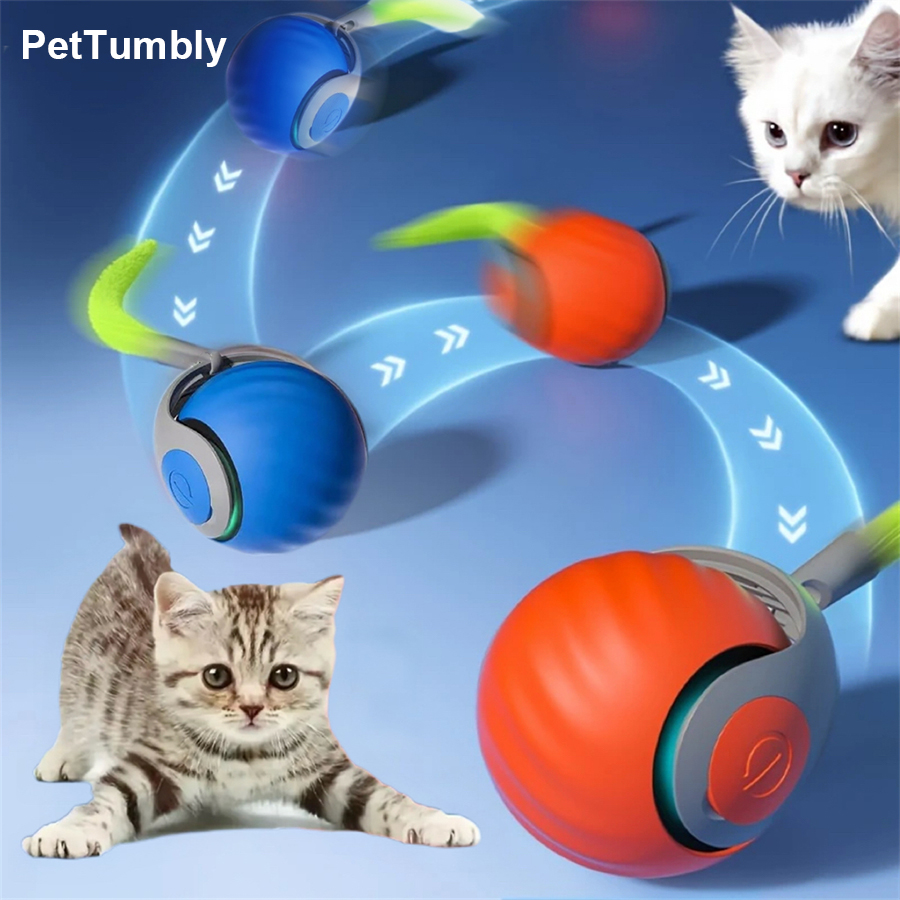 Automatic Moving Dog Ball - ของเล่นแมวแบบอินเทอร์แอคทีฟ ลูกบอลกลิ้งอัตโนมัติ ของเล่นสัตว์เลี้ยงแบบชาร์จ USB ลูกบอลกระโดดพร้อมหางกระดิกอัจฉริยะ เหมาะสำหรับแมวและลูกสุนัข